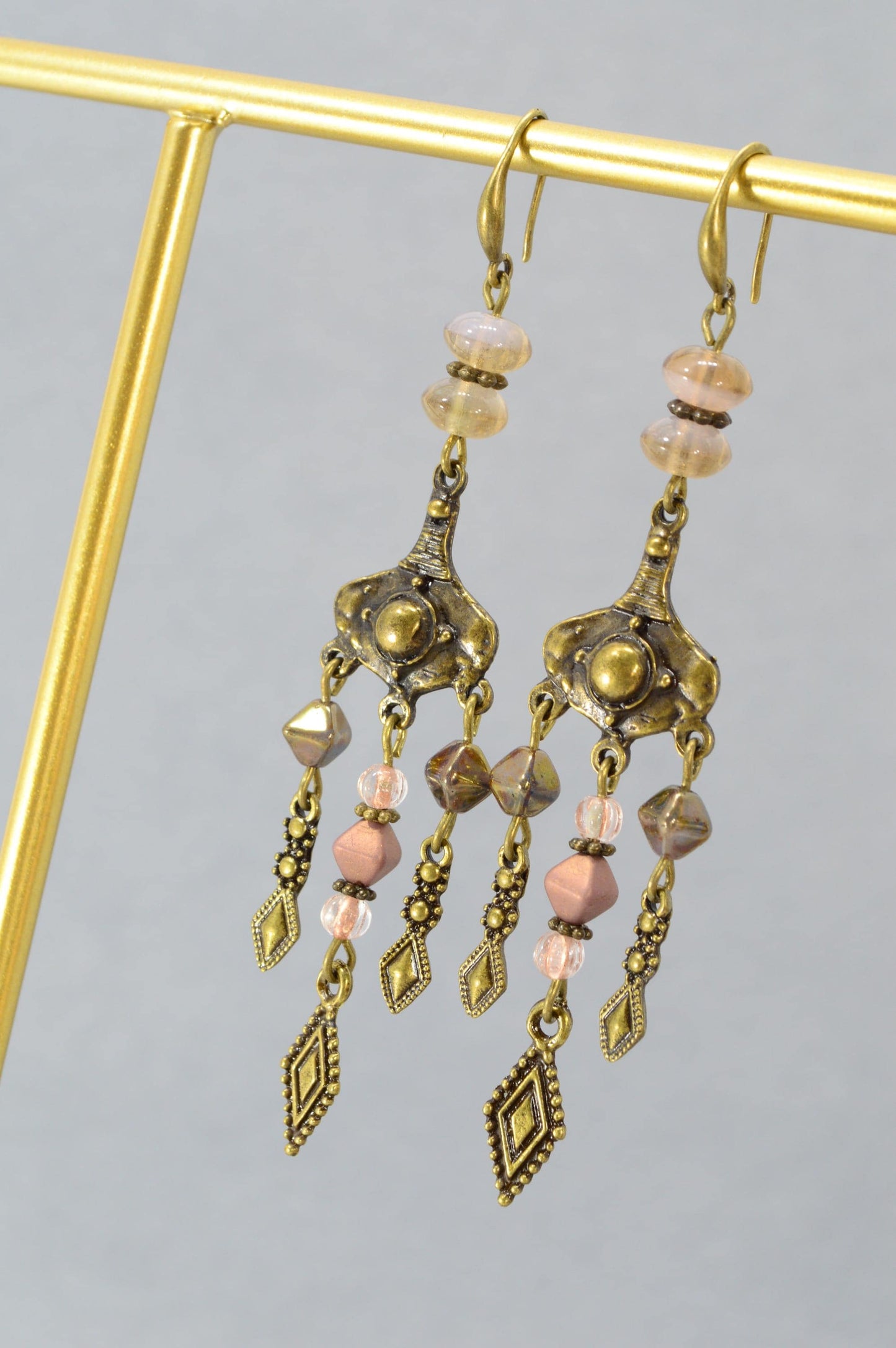 NEW *** Handmade Boho Ethnic Earrings – Bronze Dangle with Geometric Pendants and Glass Beads. Estibela Design. 9.5cm - 3.7"