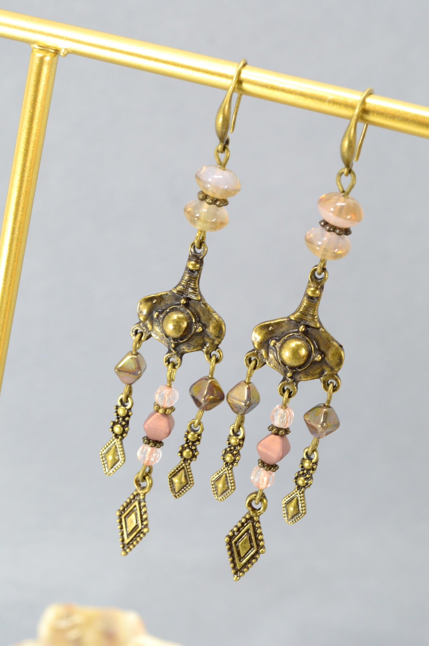 NEW *** Handmade Boho Ethnic Earrings – Bronze Dangle with Geometric Pendants and Glass Beads. Estibela Design. 9.5cm - 3.7"