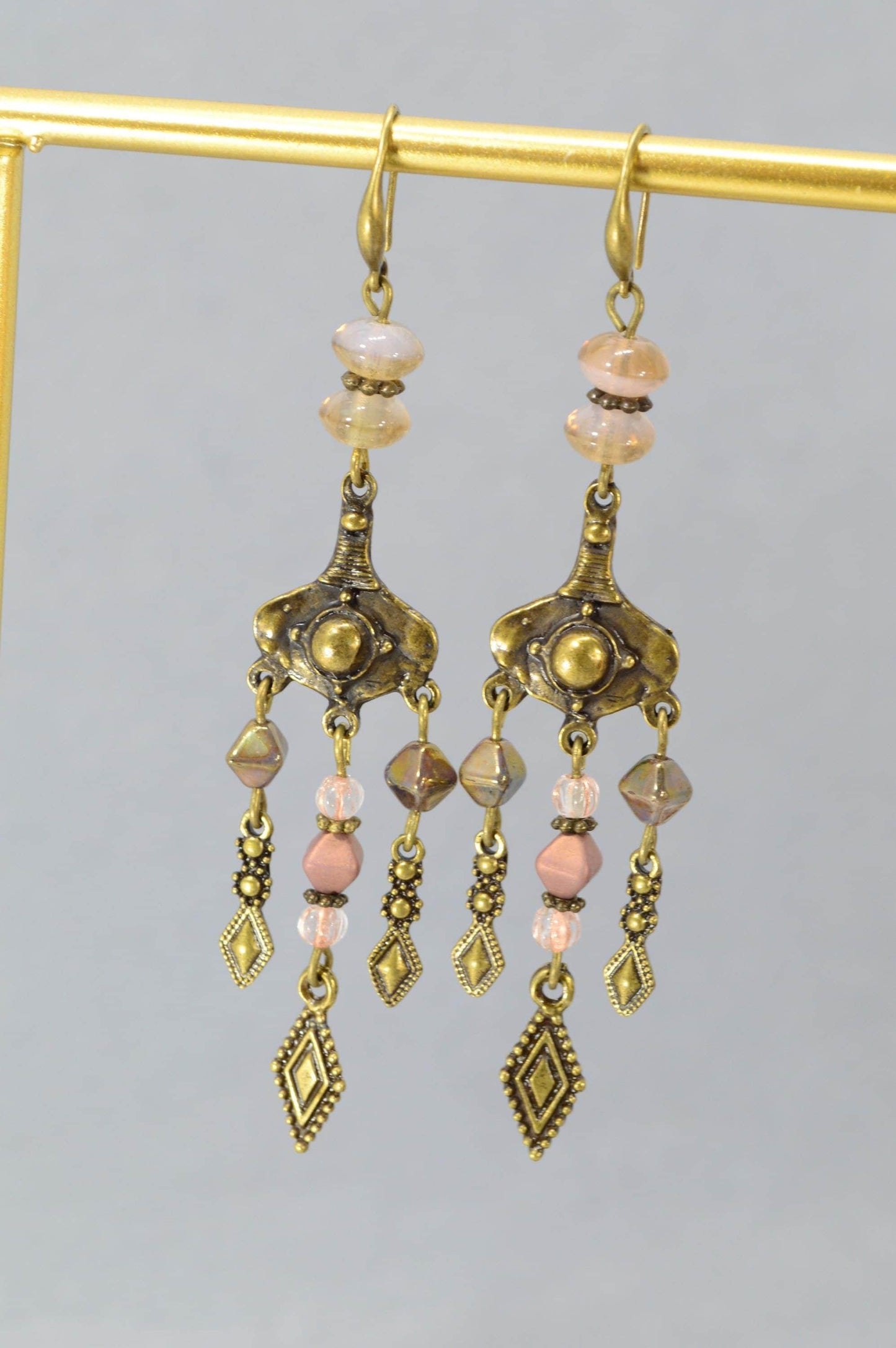 NEW *** Handmade Boho Ethnic Earrings – Bronze Dangle with Geometric Pendants and Glass Beads. Estibela Design. 9.5cm - 3.7"