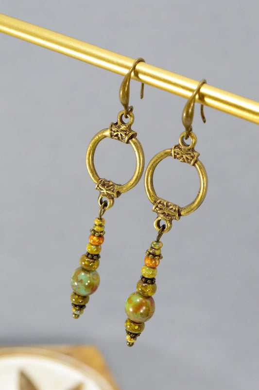 NEW *** Vintage Brass Earrings with Colorful Beads - Unique Artisan Jewelry from Estibela Collection for Bohemian Style Events. 7cm - 2.8"