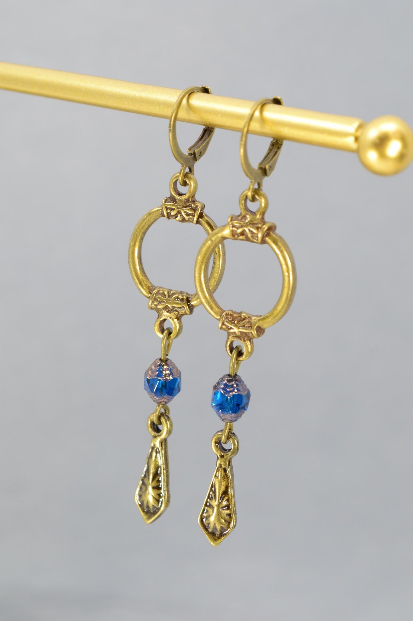 NEW *** Vintage Style Earrings with Blue Beads - Unique Artisan Jewelry Collection. Elegant Hoop Earrings. Blue Crystals Earrings 7cm - 2.8"