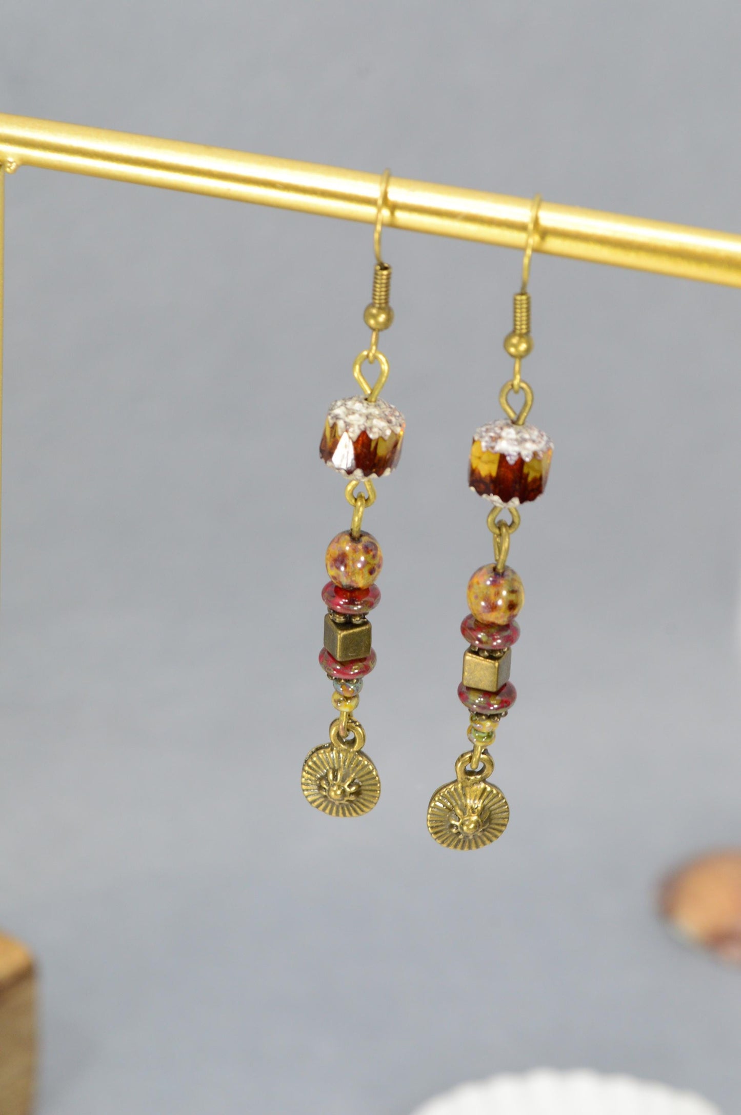 NEW *** Charming Bohemian Style Brass Earrings with Unique Beads - Artisan Jewelry for Special Moments. Estibela design. 7cm - 2.8"