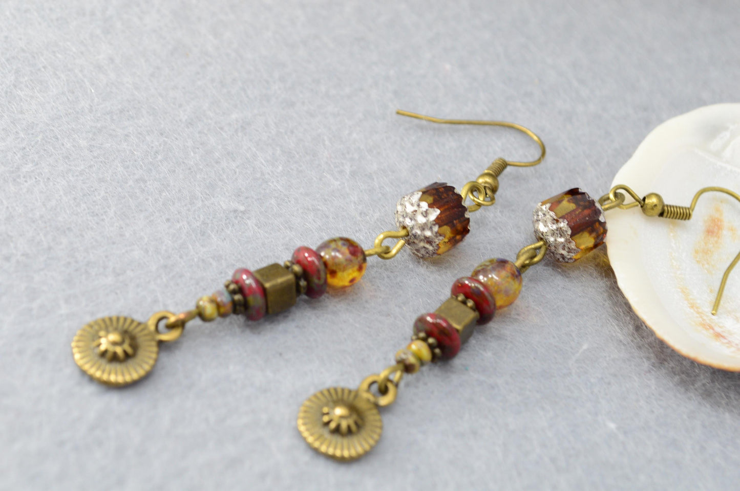 NEW *** Charming Bohemian Style Brass Earrings with Unique Beads - Artisan Jewelry for Special Moments. Estibela design. 7cm - 2.8"