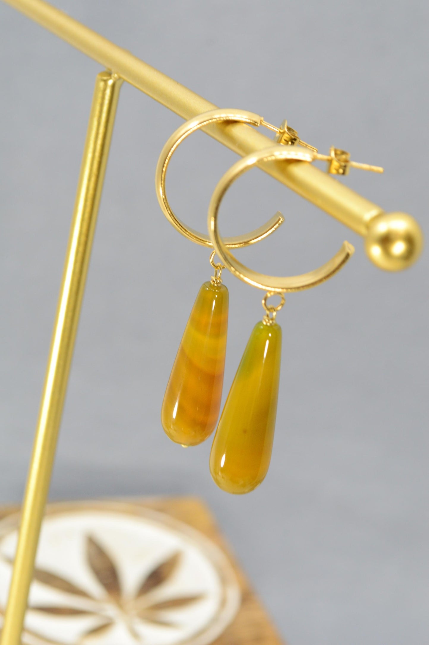 NEW *** Elegant Stainless Steel Hoop Earrings with Yellow Agate Teardrop, Handmade Estibela Design, Unique Gift for Women. 6cm - 2.3"