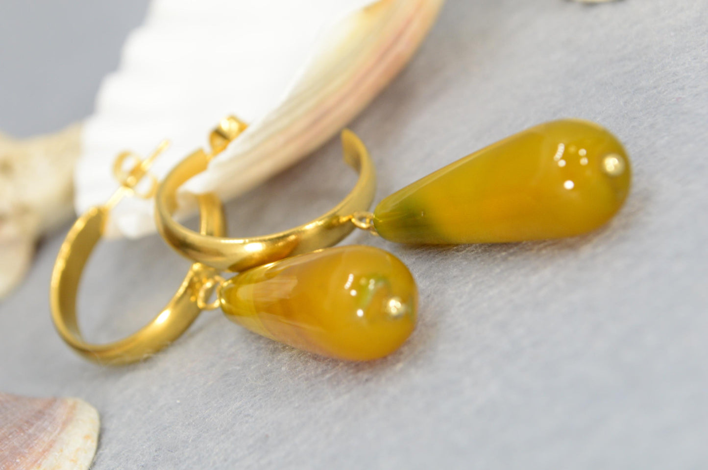 NEW *** Elegant Stainless Steel Hoop Earrings with Yellow Agate Teardrop, Handmade Estibela Design, Unique Gift for Women. 6cm - 2.3"