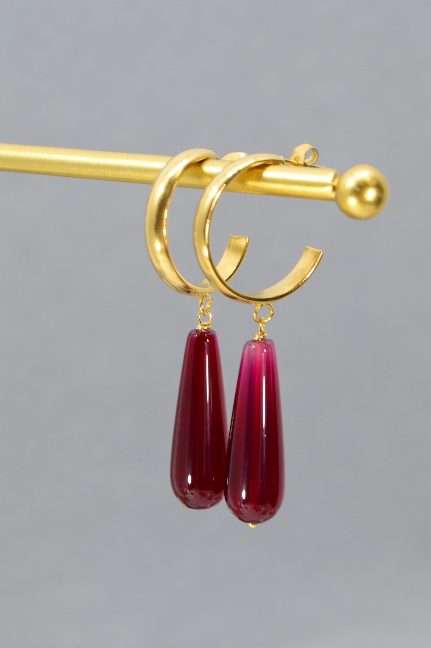 NEW *** Elegant Stainless Steel Hoop Earrings with Red Agate Teardrop, Estibela Design, Unique Boho Chic Earrings, Gift for Mom. 6cm - 2.3"