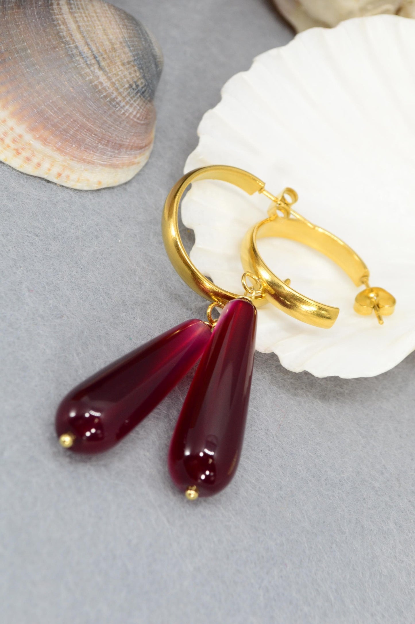 NEW *** Elegant Stainless Steel Hoop Earrings with Red Agate Teardrop, Estibela Design, Unique Boho Chic Earrings, Gift for Mom. 6cm - 2.3"