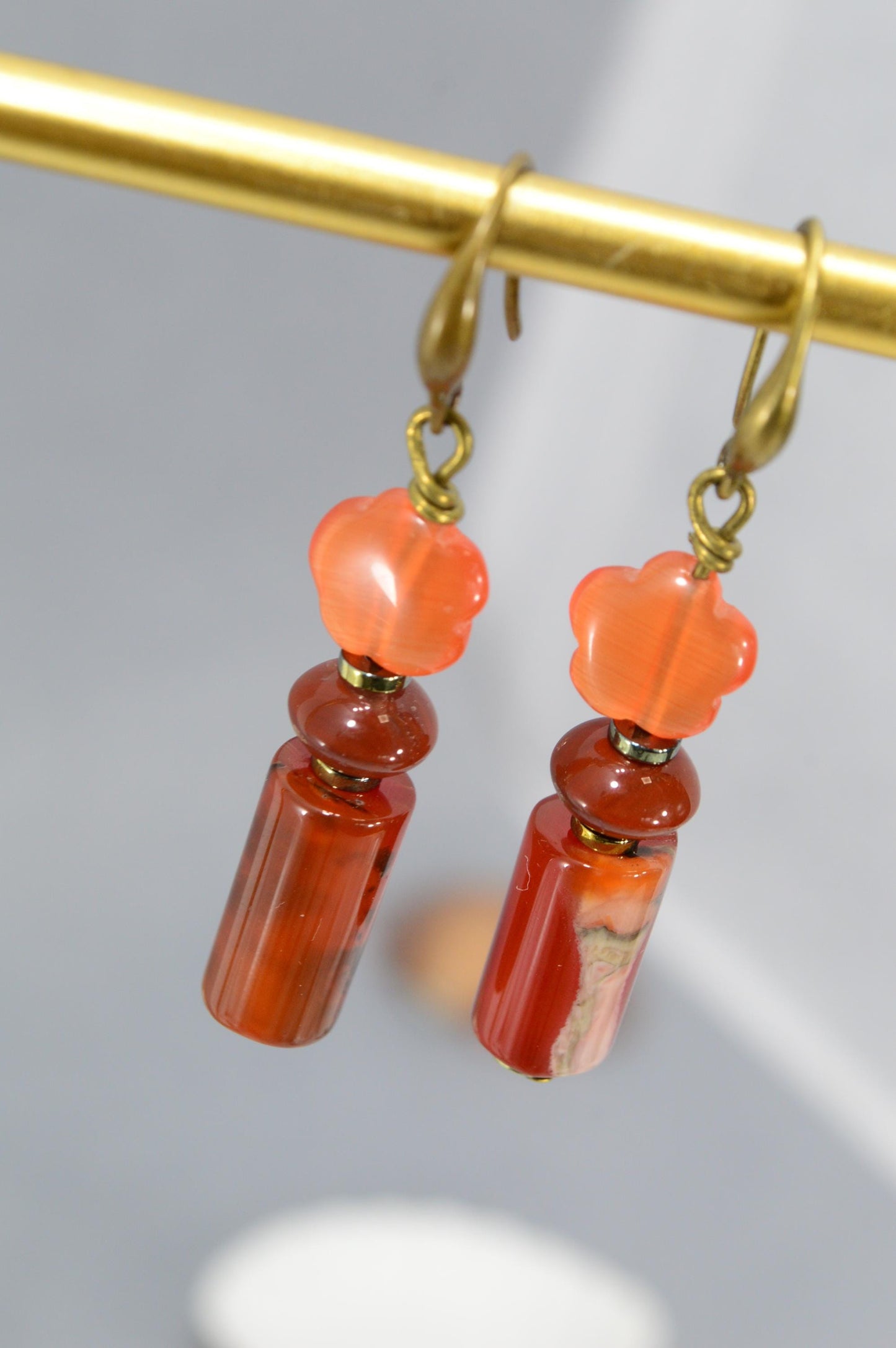 NEW *** Rusty Orange Dangle Earrings with Agate Stone and Glass Beads, Boho, Vintage, Art Deco Style by Estibela Design, 5cm - 2"