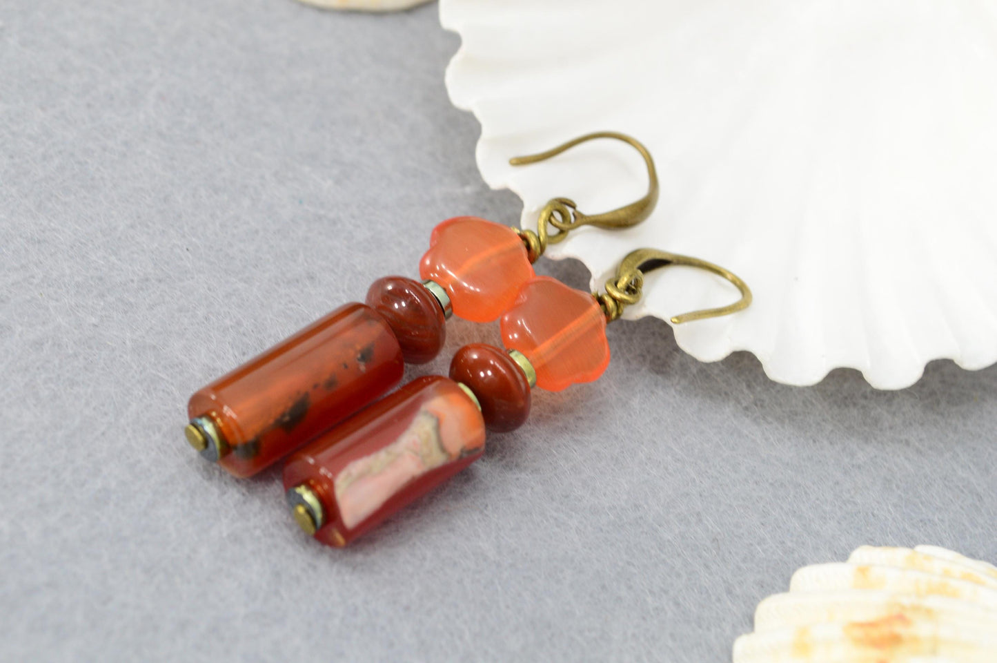 NEW *** Rusty Orange Dangle Earrings with Agate Stone and Glass Beads, Boho, Vintage, Art Deco Style by Estibela Design, 5cm - 2"