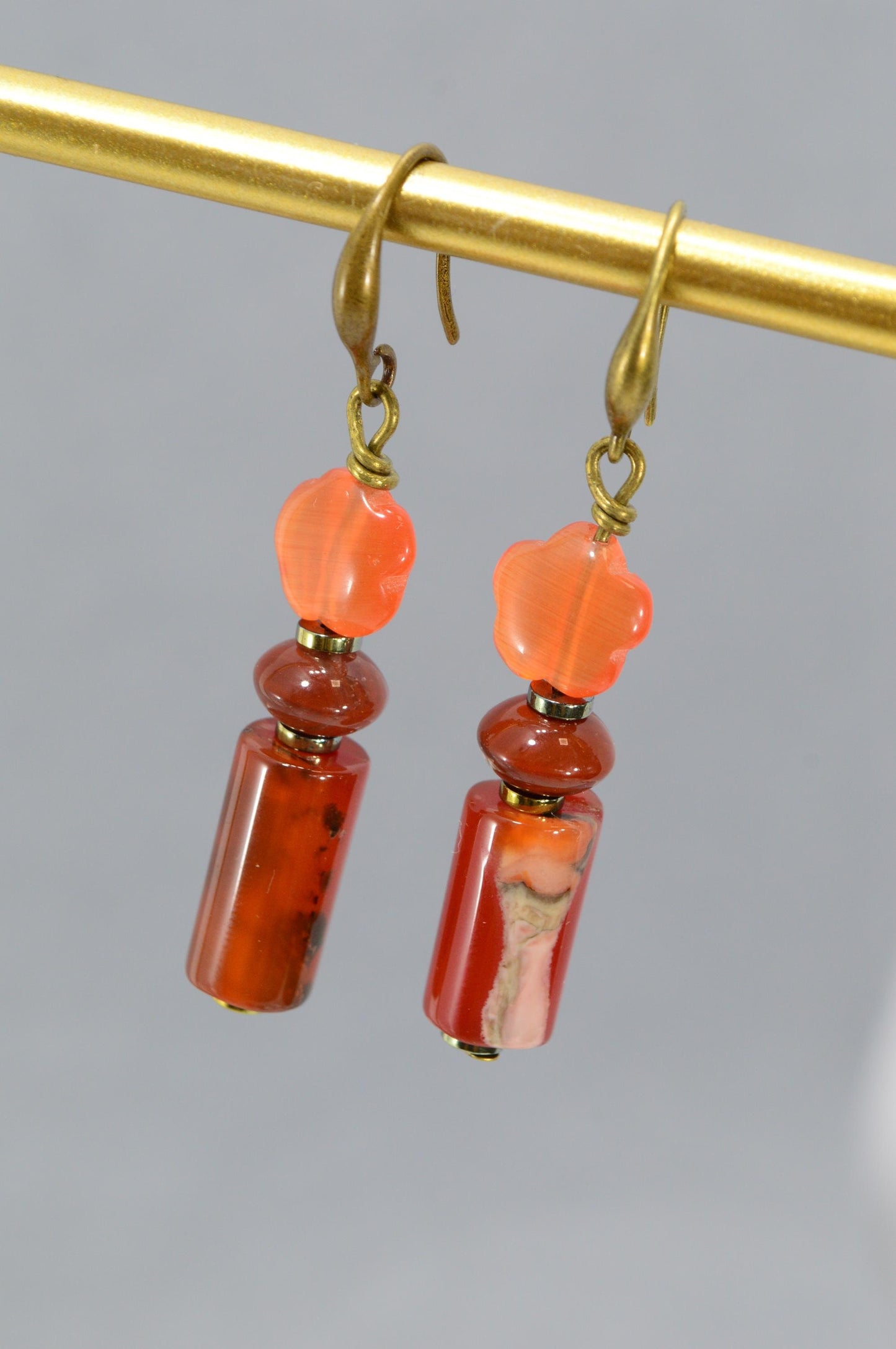 NEW *** Rusty Orange Dangle Earrings with Agate Stone and Glass Beads, Boho, Vintage, Art Deco Style by Estibela Design, 5cm - 2"