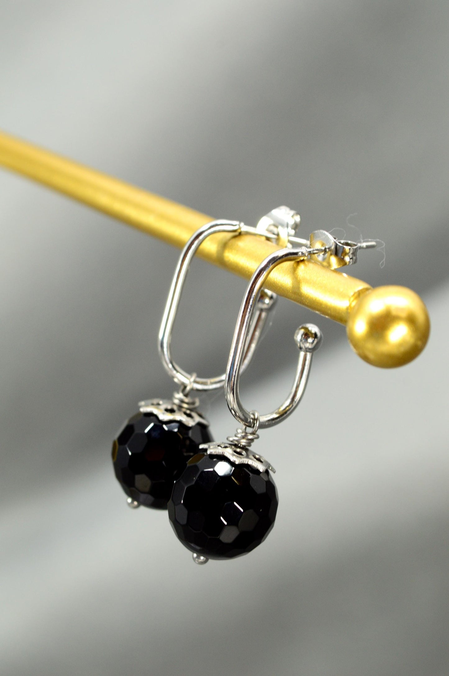 NEW *** Modern Stainless Steel Earrings with Faceted Black Onyx Stone, Unique Design by Estibela, Minimalist style. 3.5 cm - 1.4"