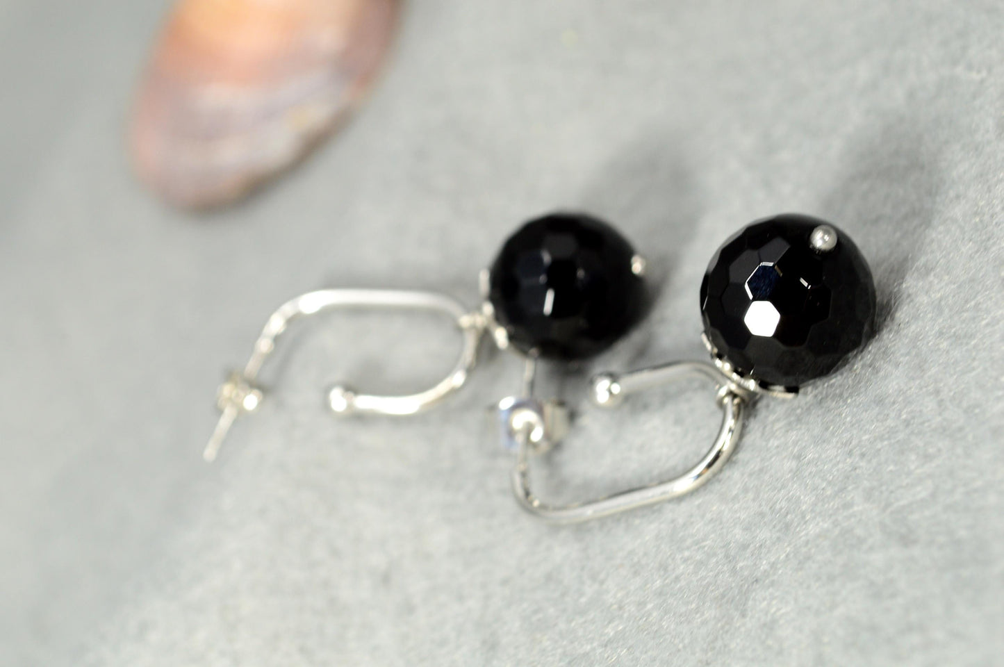 NEW *** Modern Stainless Steel Earrings with Faceted Black Onyx Stone, Unique Design by Estibela, Minimalist style. 3.5 cm - 1.4"