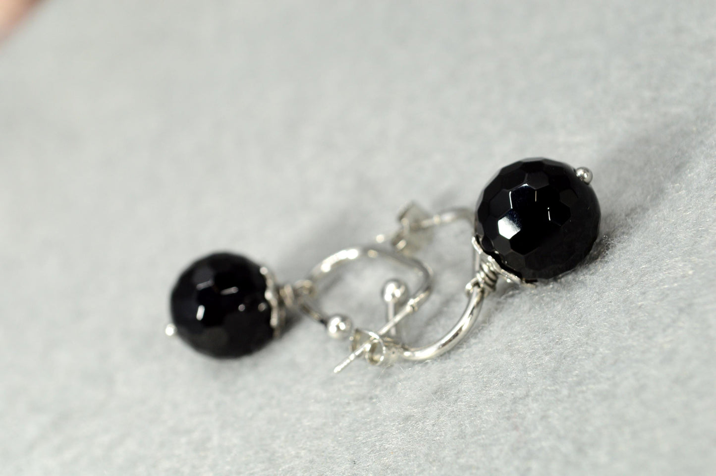 NEW *** Modern Stainless Steel Earrings with Faceted Black Onyx Stone, Unique Design by Estibela, Minimalist style. 3.5 cm - 1.4"