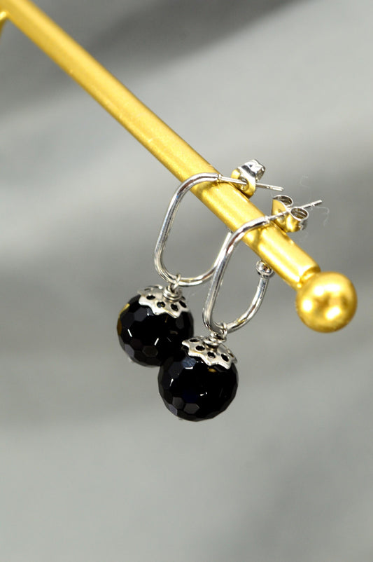 NEW *** Modern Stainless Steel Earrings with Faceted Black Onyx Stone, Unique Design by Estibela, Minimalist style. 3.5 cm - 1.4"