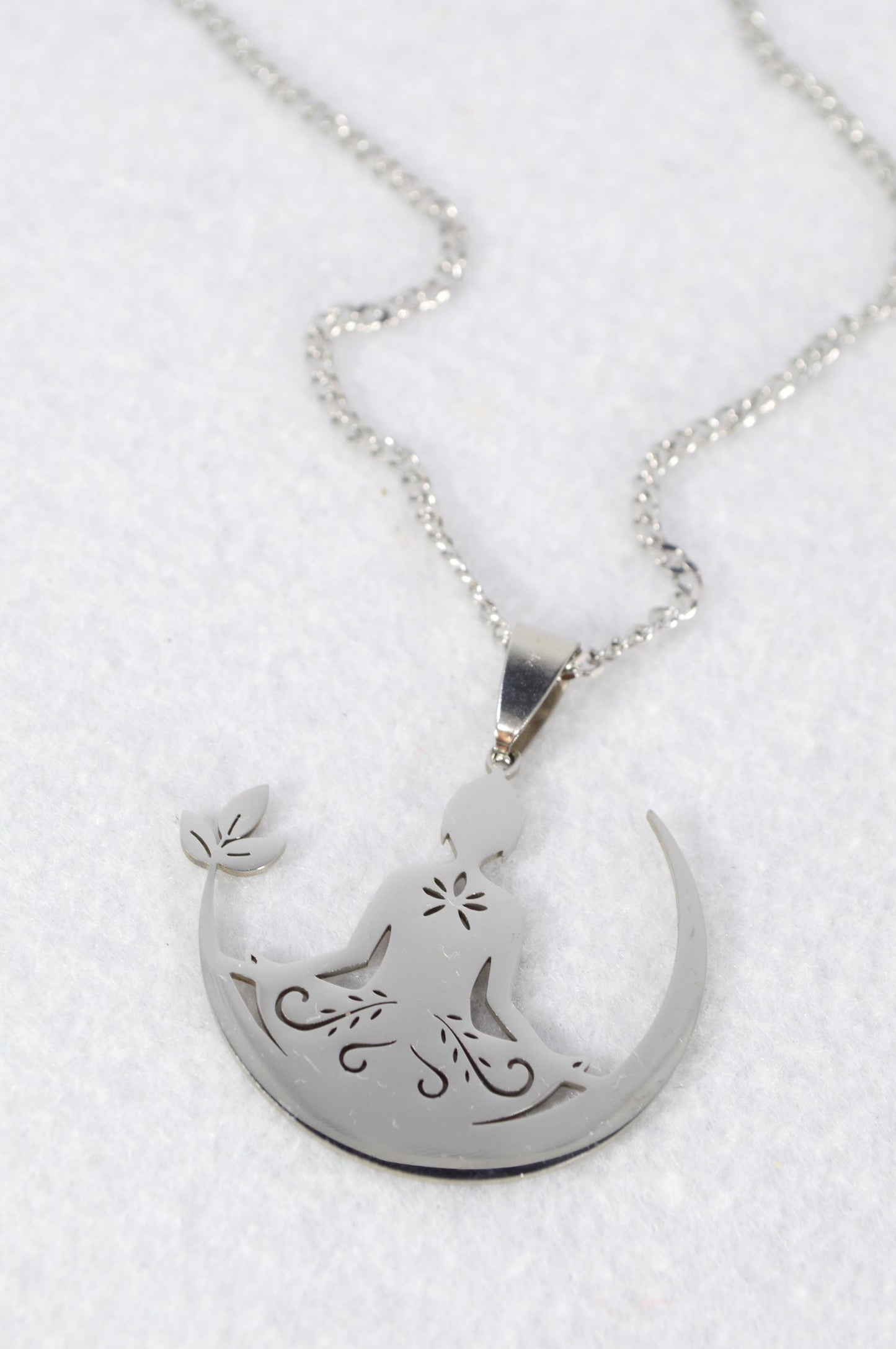 NEW *** Stainless Steel Moon and Meditation Pendant Necklace, Unique Yoga-Inspired Design, Spiritual Jewelry by Estibela, Unisex gift.