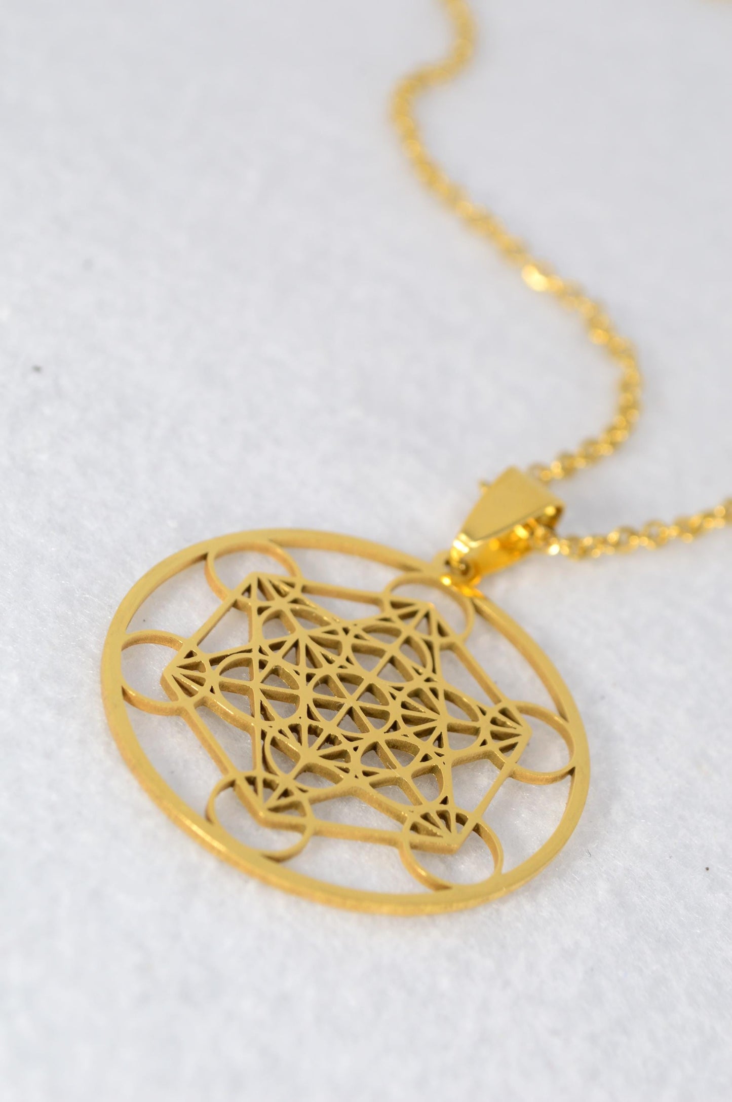 NEW *** Gold Stainless Steel Sacred Geometry Pendant Necklace, Metatron’s Cube Design, Estibela, Gift for Yoga and Meditation Lovers. 3.2cm