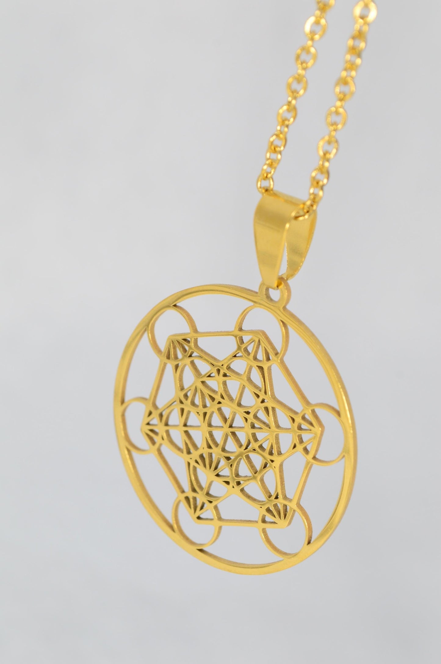 NEW *** Gold Stainless Steel Sacred Geometry Pendant Necklace, Metatron’s Cube Design, Estibela, Gift for Yoga and Meditation Lovers. 3.2cm