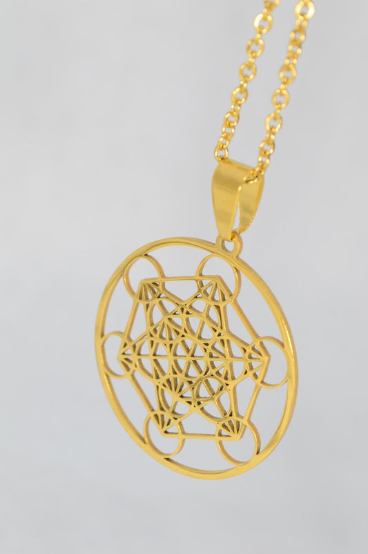 NEW *** Gold Stainless Steel Sacred Geometry Pendant Necklace, Metatron’s Cube Design, Estibela, Gift for Yoga and Meditation Lovers. 3.2cm