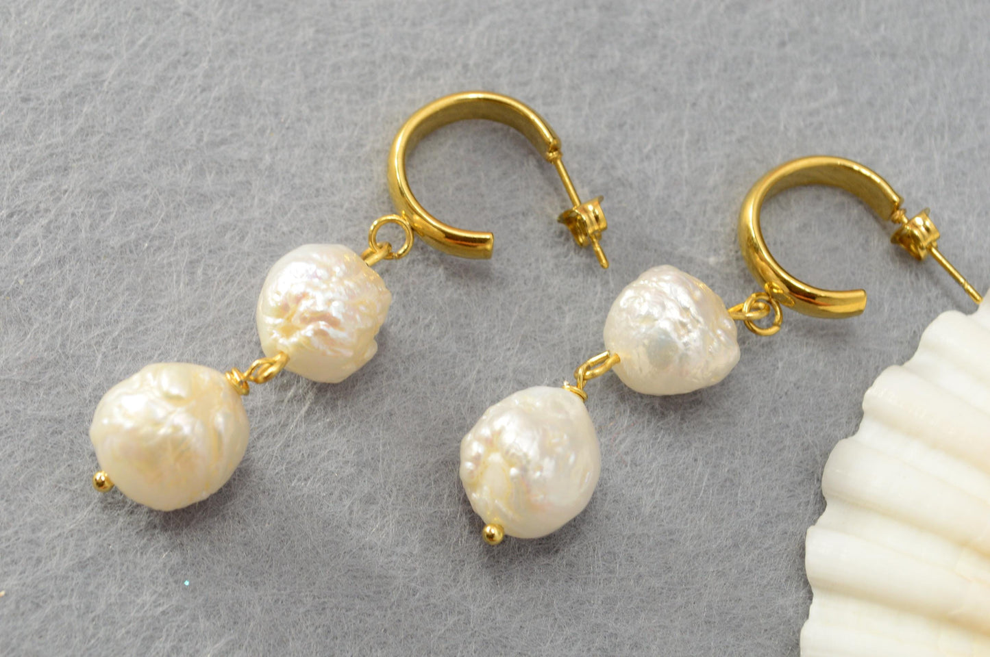 NEW * Gold Stainless Steel Hoop Earrings with Large Freshwater Pearl Drops, Luxury Boho Jewelry by Estibela, Perfect Gift for Women 5cm - 2"