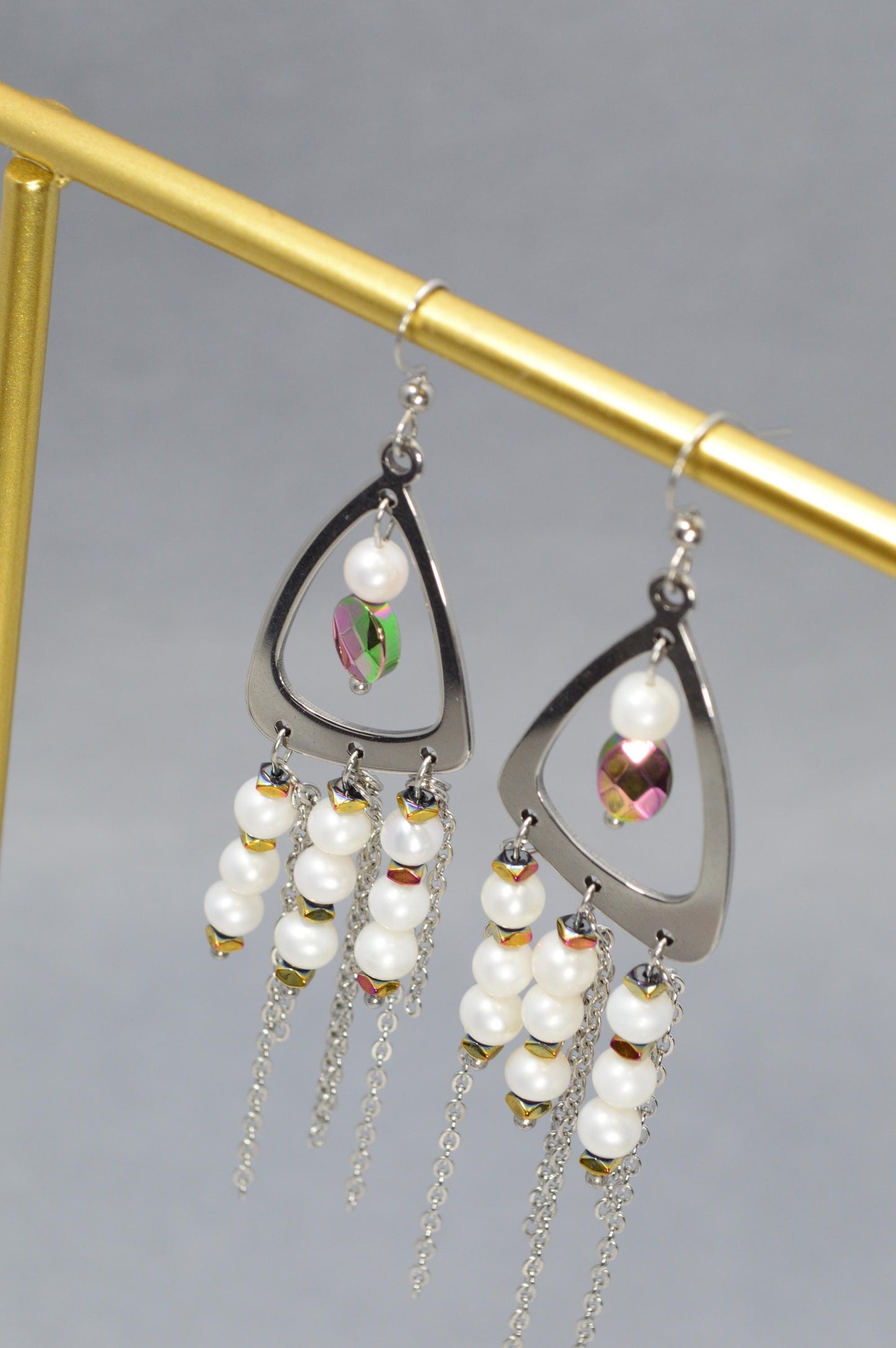 NEW *** Stainless Steel Statement Earrings with Freshwater Pearls and Hematite Beads, Boho Dangle Earrings by Estibela Design, 10cm - 4"