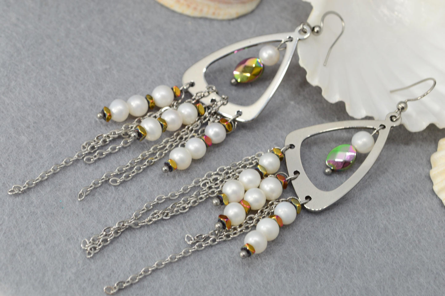 NEW *** Stainless Steel Statement Earrings with Freshwater Pearls and Hematite Beads, Boho Dangle Earrings by Estibela Design, 10cm - 4"