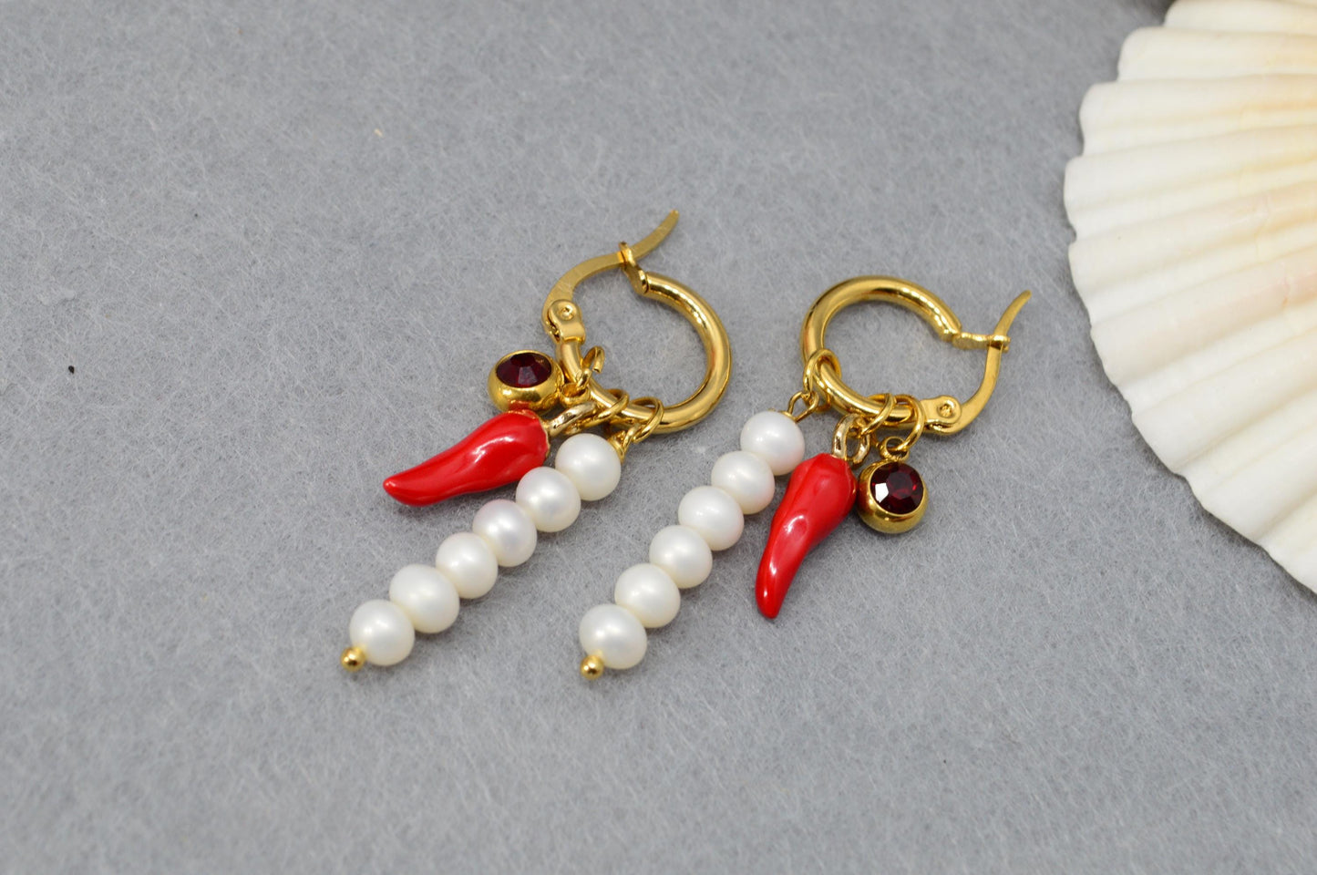 NEW * Playful Gold Stainless Steel Hoop Earrings with Freshwater Pearls, Red Glass Chili Pepper Charm, and Red Crystal, Estibela 4cm - 1.5"