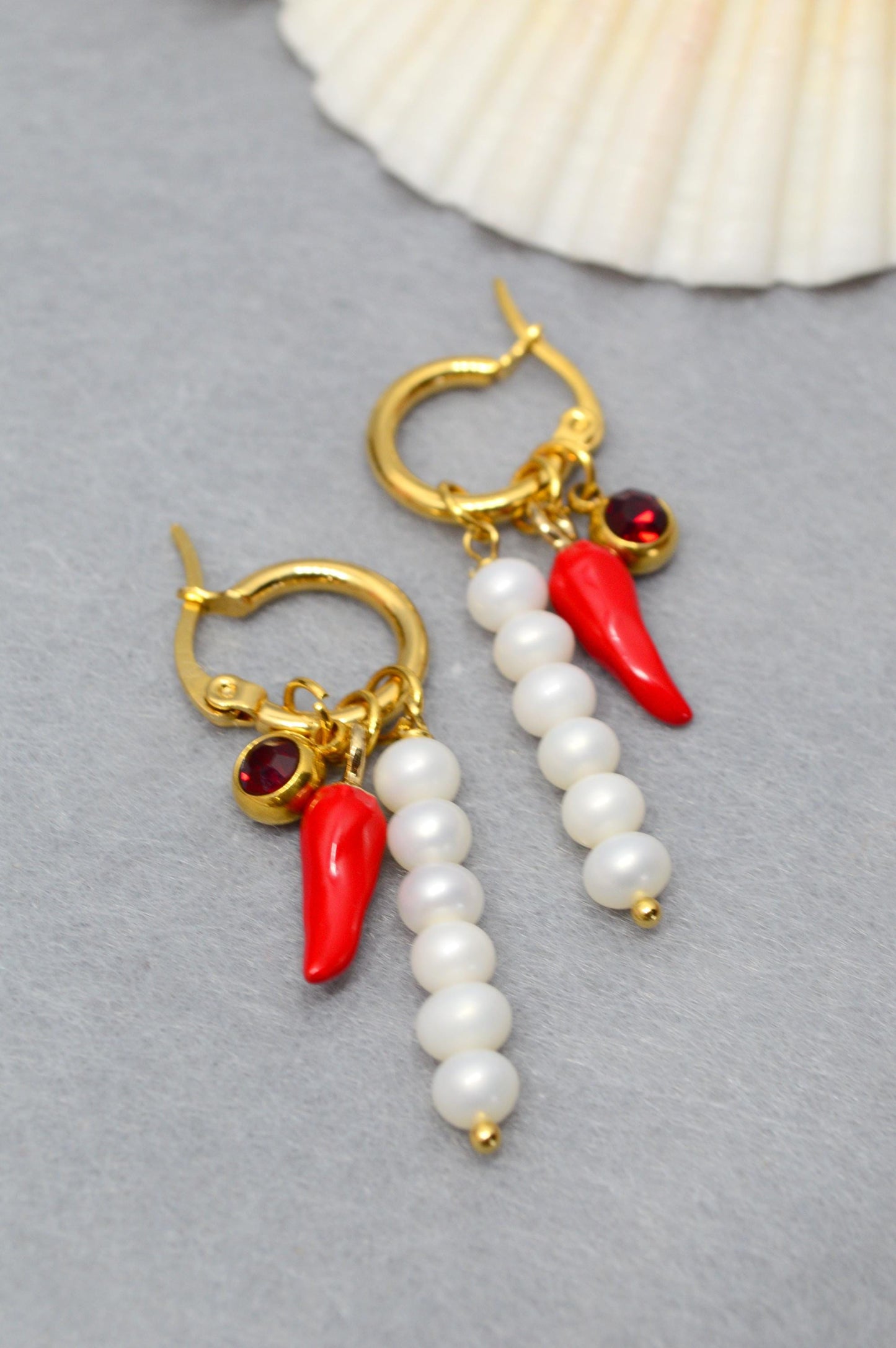 NEW * Playful Gold Stainless Steel Hoop Earrings with Freshwater Pearls, Red Glass Chili Pepper Charm, and Red Crystal, Estibela 4cm - 1.5"