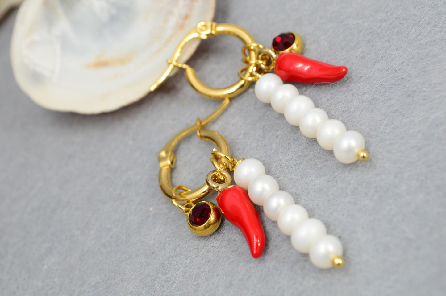 Playful Gold Stainless Steel Hoop Earrings with Freshwater Pearls, Red Glass Chili Pepper Charm 4cm - 1.5"