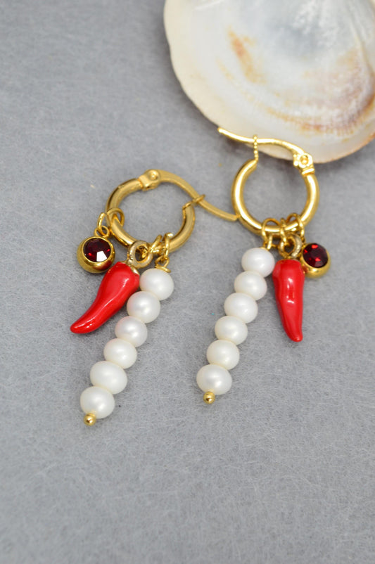 NEW * Playful Gold Stainless Steel Hoop Earrings with Freshwater Pearls, Red Glass Chili Pepper Charm, and Red Crystal, Estibela 4cm - 1.5"