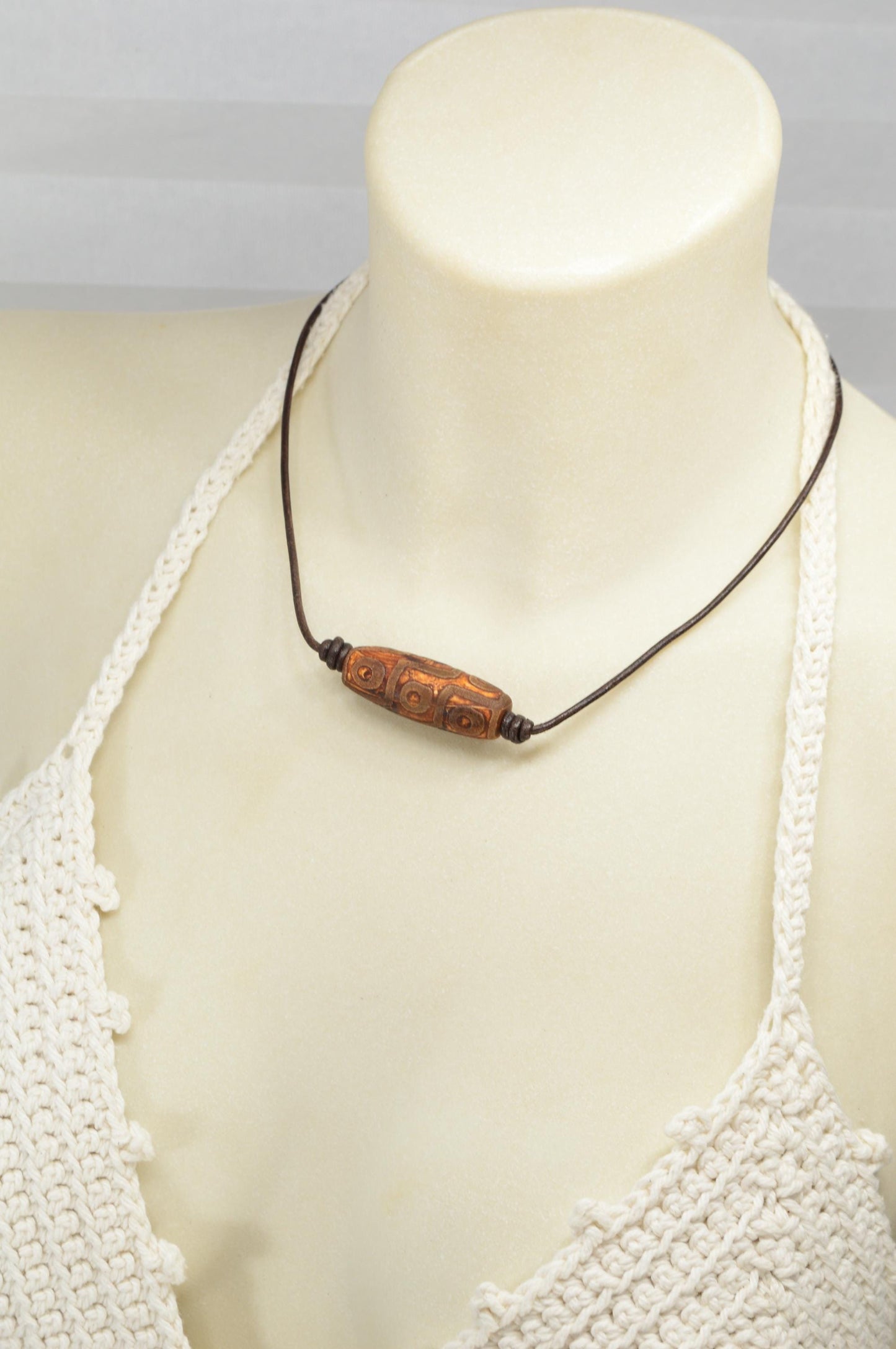 NEW *** Rustic Leather Necklace with Tibetan Dzi Agate Bead, Unique Boho Tribal Jewelry by Estibela, Unisex Handmade Necklace.