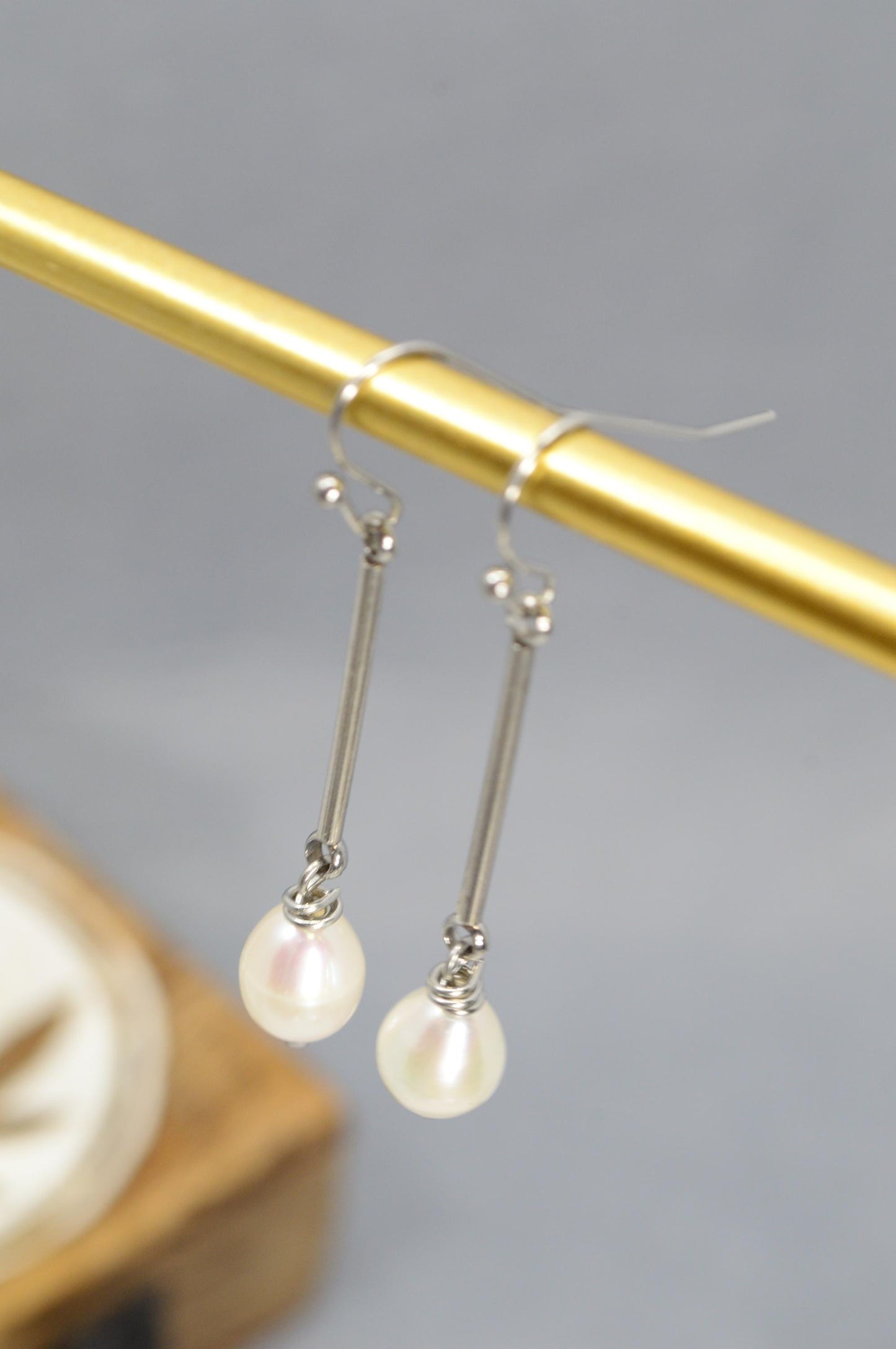 NEW *** Minimalist Stainless Steel Dangle Stick Earrings with Freshwater Pearls, Jewelry by Estibela, Perfect Gift for Her. 5cm - 2"