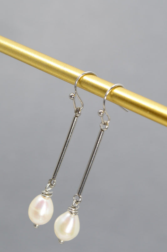 NEW *** Minimalist Stainless Steel Dangle Stick Earrings with Freshwater Pearls, Jewelry by Estibela, Perfect Gift for Her. 5cm - 2"