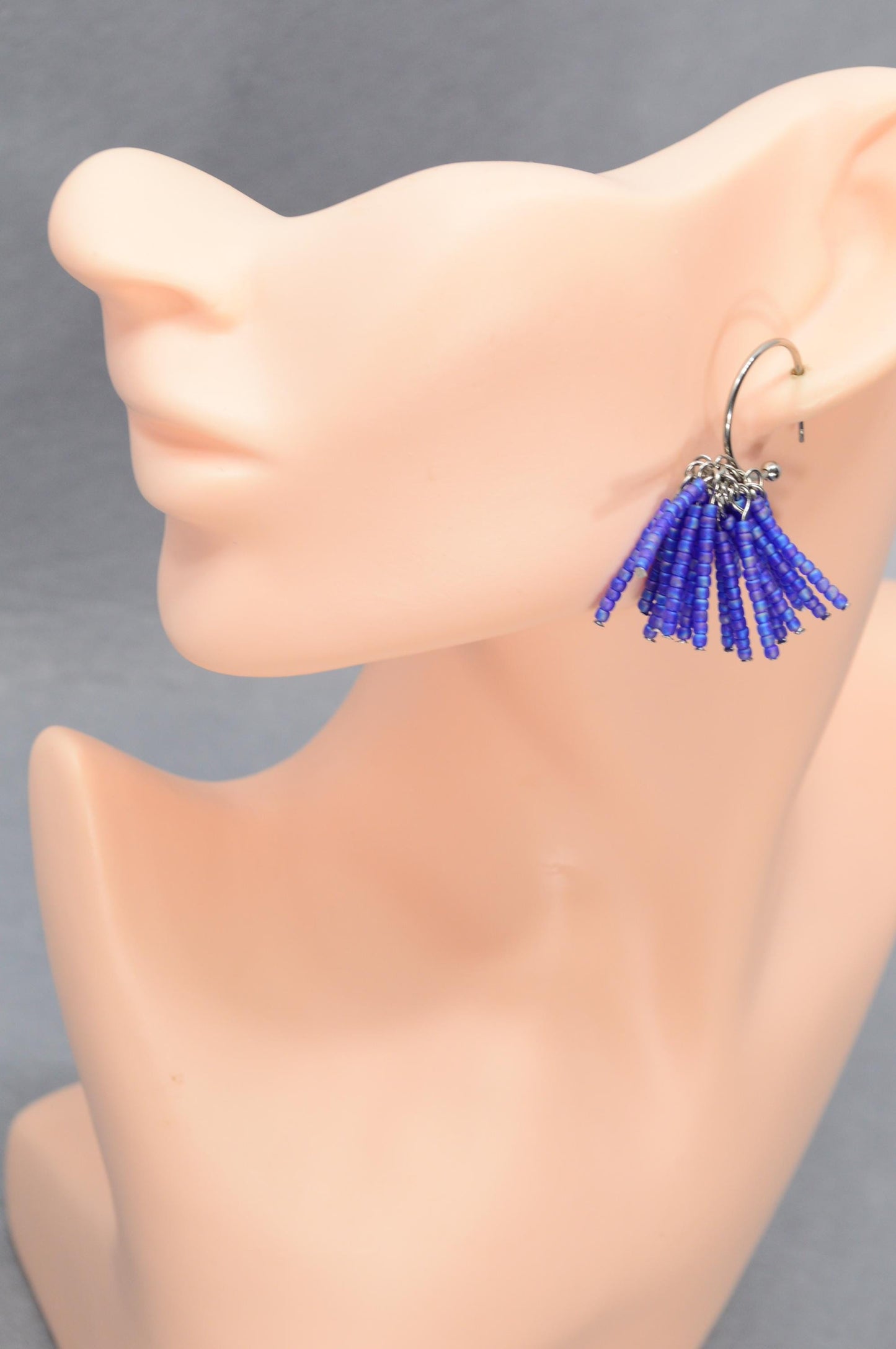 NEW *** Vibrant Hoop Earrings with Blue Czech Glass Bead Tassels, Fun and Bold Jewelry by Estibela, Adventurous Style, 5cm - 2"