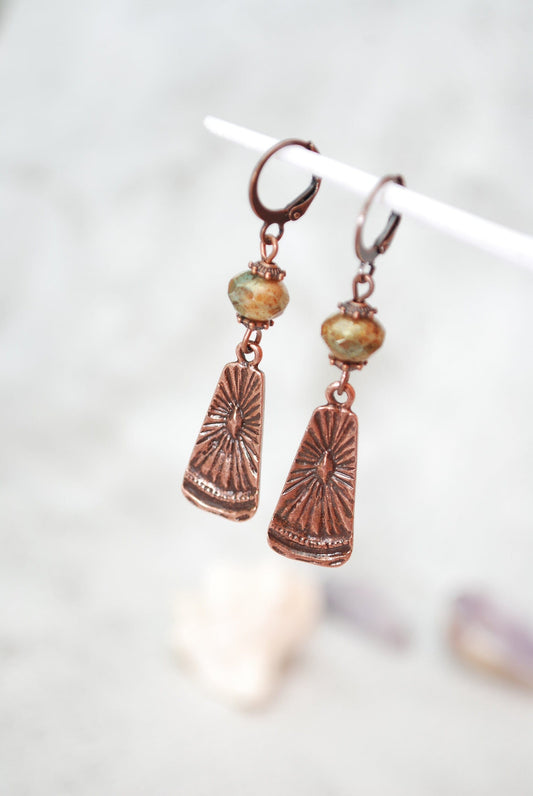 NEW *** Boho chick earrings, sun copper errings, festival beaded earrings, Estibela design, 5.5cm 2"