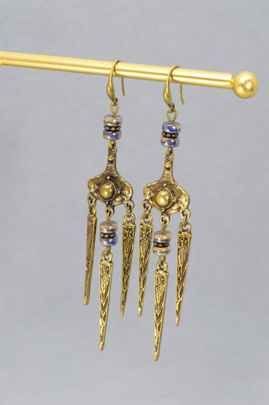 Antique Bronze Dangle Earrings with Czech Glass Beads, Tribal-Inspired Boho Statement Earrings by Estibela - 10cm (4")
