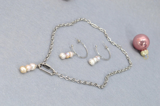 Baroque Freshwater Pearl & Stainless Steel Chain Jewelry Set: Unique Necklace, Hoop Earrings – Ready-to-Gift