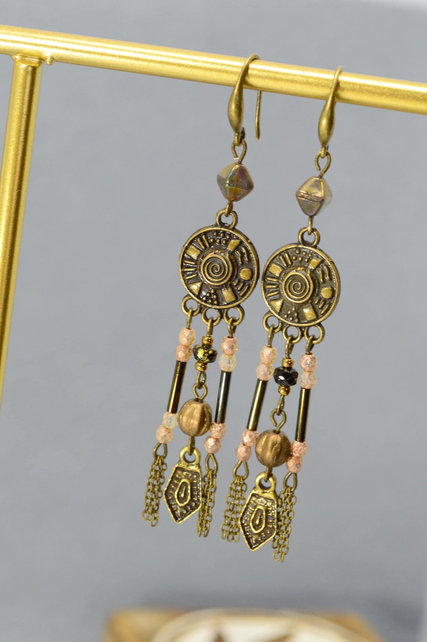 NEW *** Ethnic & vintage-inspired earrings, Artisan-made bronze earrings, handmade earrings  in boho and ethnic style. Estibela. 8cm - 3.2"