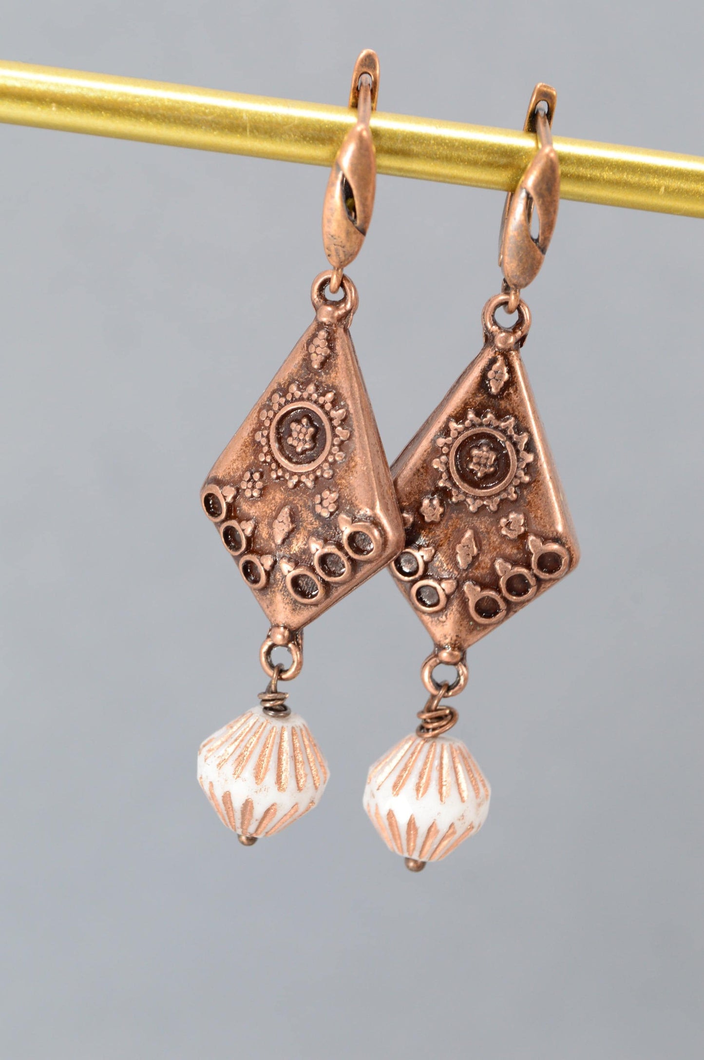 NEW *** Vintage Ethnic Bronze Earrings – Handmade Boho Jewelry with Glass Beads. Estibela unique design. 6cm - 2.4"