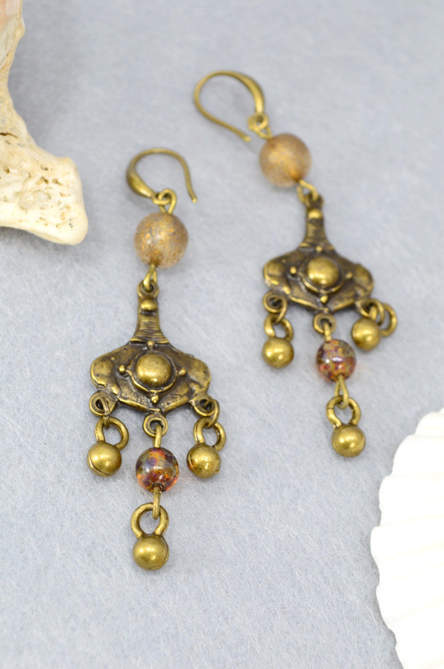 NEW *** Handmade Vintage Style Bronze Earrings – Ethnic Boho Dangle Jewelry with Glass Beads. Estibela unique design. 7cm - 2.75"