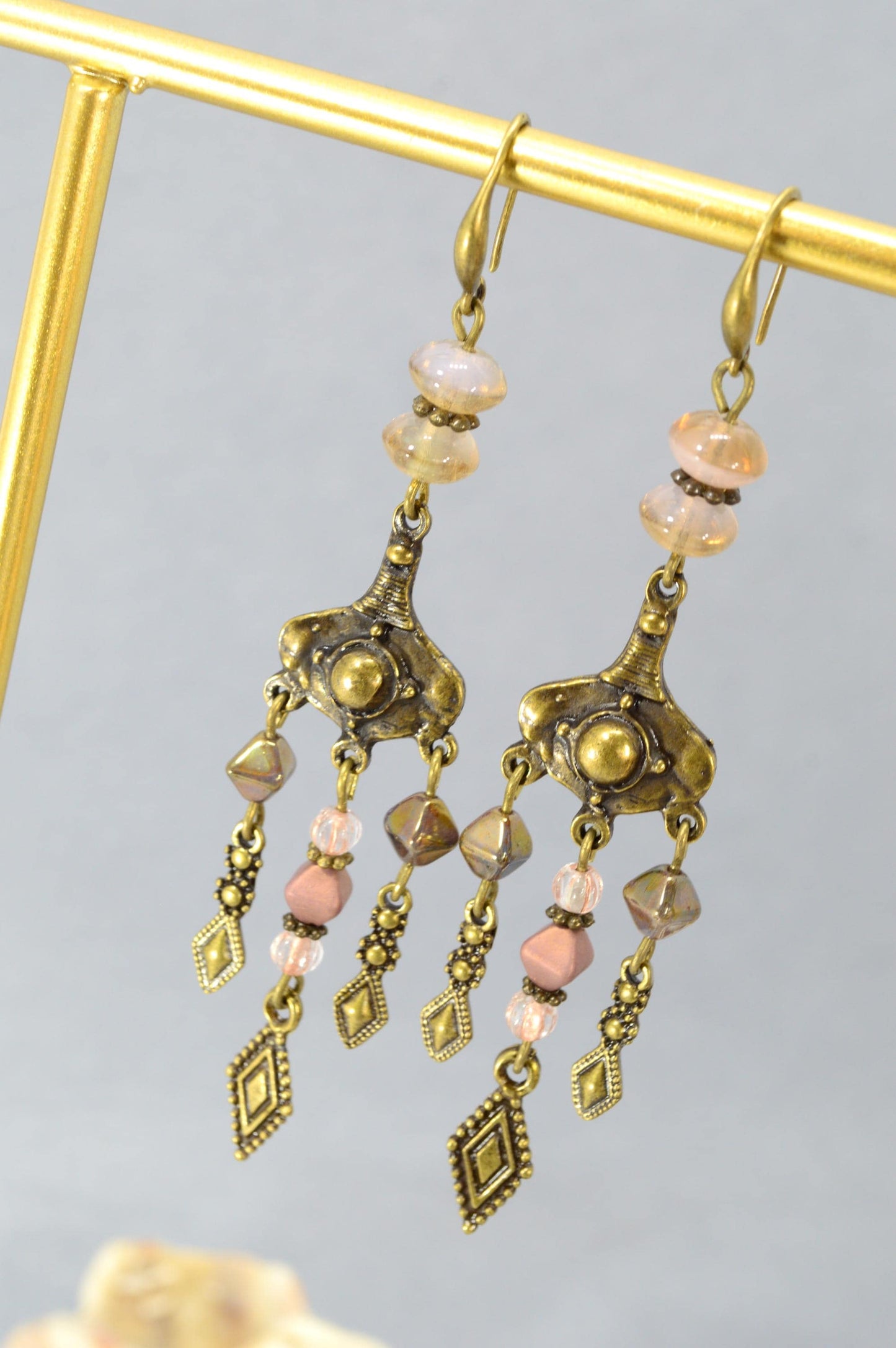 NEW *** Handmade Boho Ethnic Earrings – Bronze Dangle with Geometric Pendants and Glass Beads. Estibela Design. 9.5cm - 3.7"