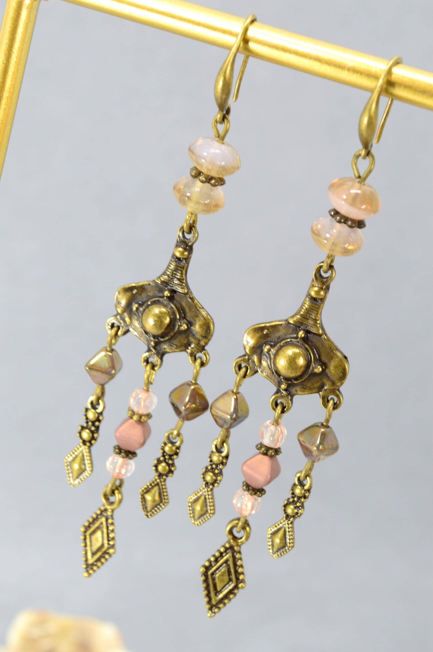 NEW *** Handmade Boho Ethnic Earrings – Bronze Dangle with Geometric Pendants and Glass Beads. Estibela Design. 9.5cm - 3.7"