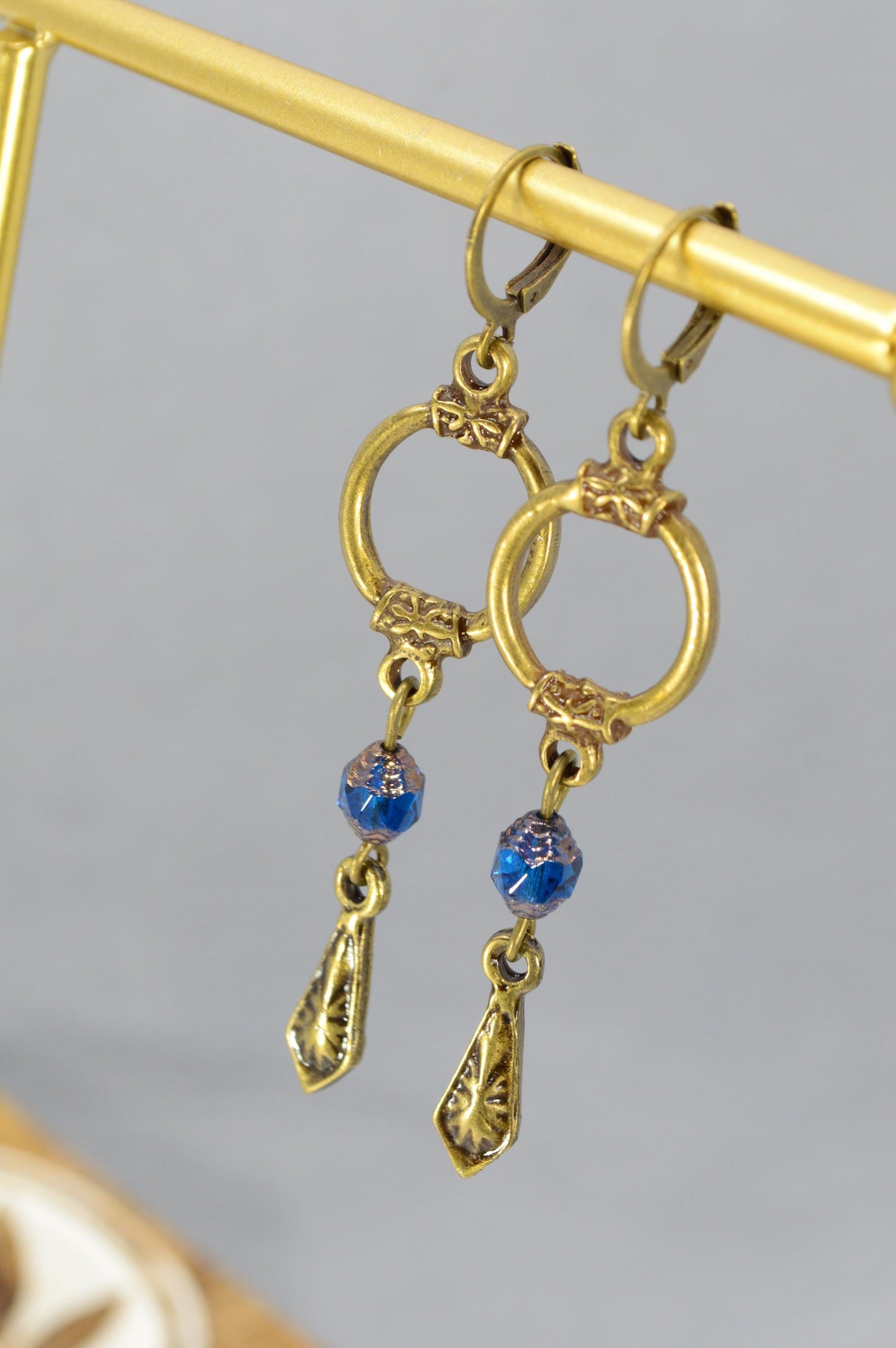 NEW *** Vintage Style Earrings with Blue Beads - Unique Artisan Jewelry Collection. Elegant Hoop Earrings. Blue Crystals Earrings 7cm - 2.8"