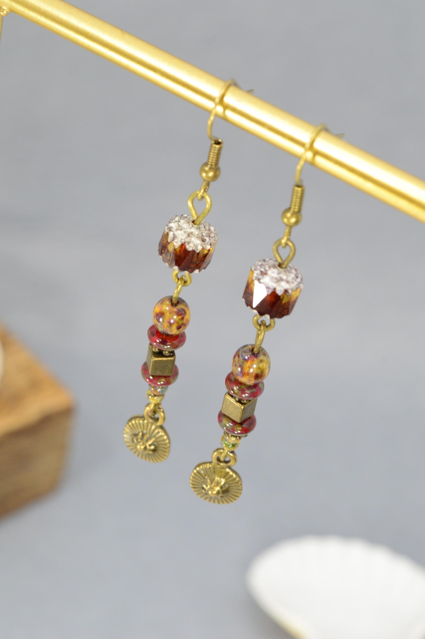 NEW *** Charming Bohemian Style Brass Earrings with Unique Beads - Artisan Jewelry for Special Moments. Estibela design. 7cm - 2.8"