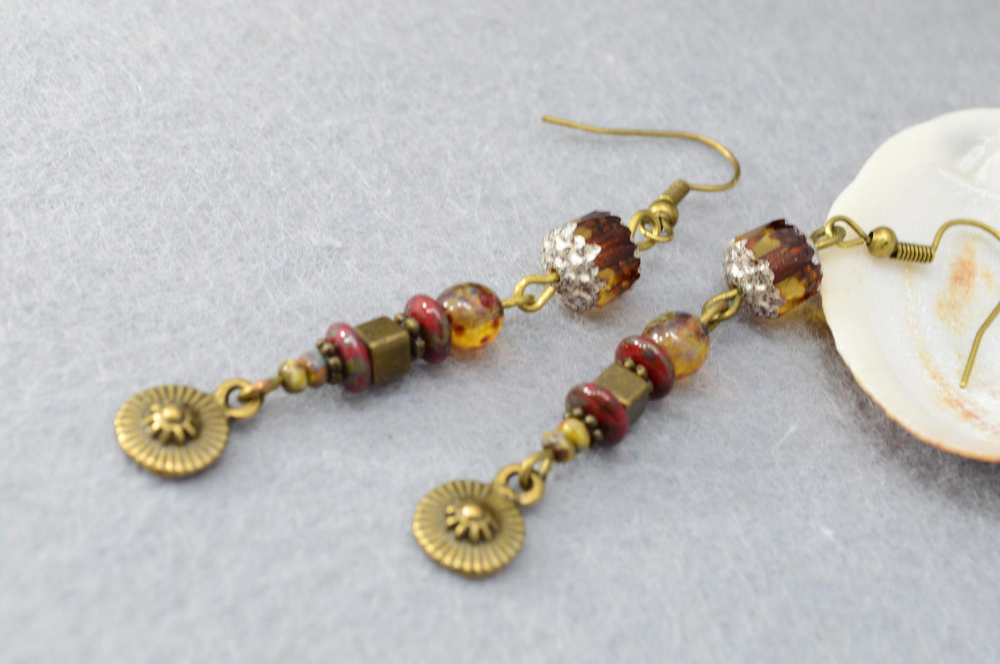 NEW *** Charming Bohemian Style Brass Earrings with Unique Beads - Artisan Jewelry for Special Moments. Estibela design. 7cm - 2.8"