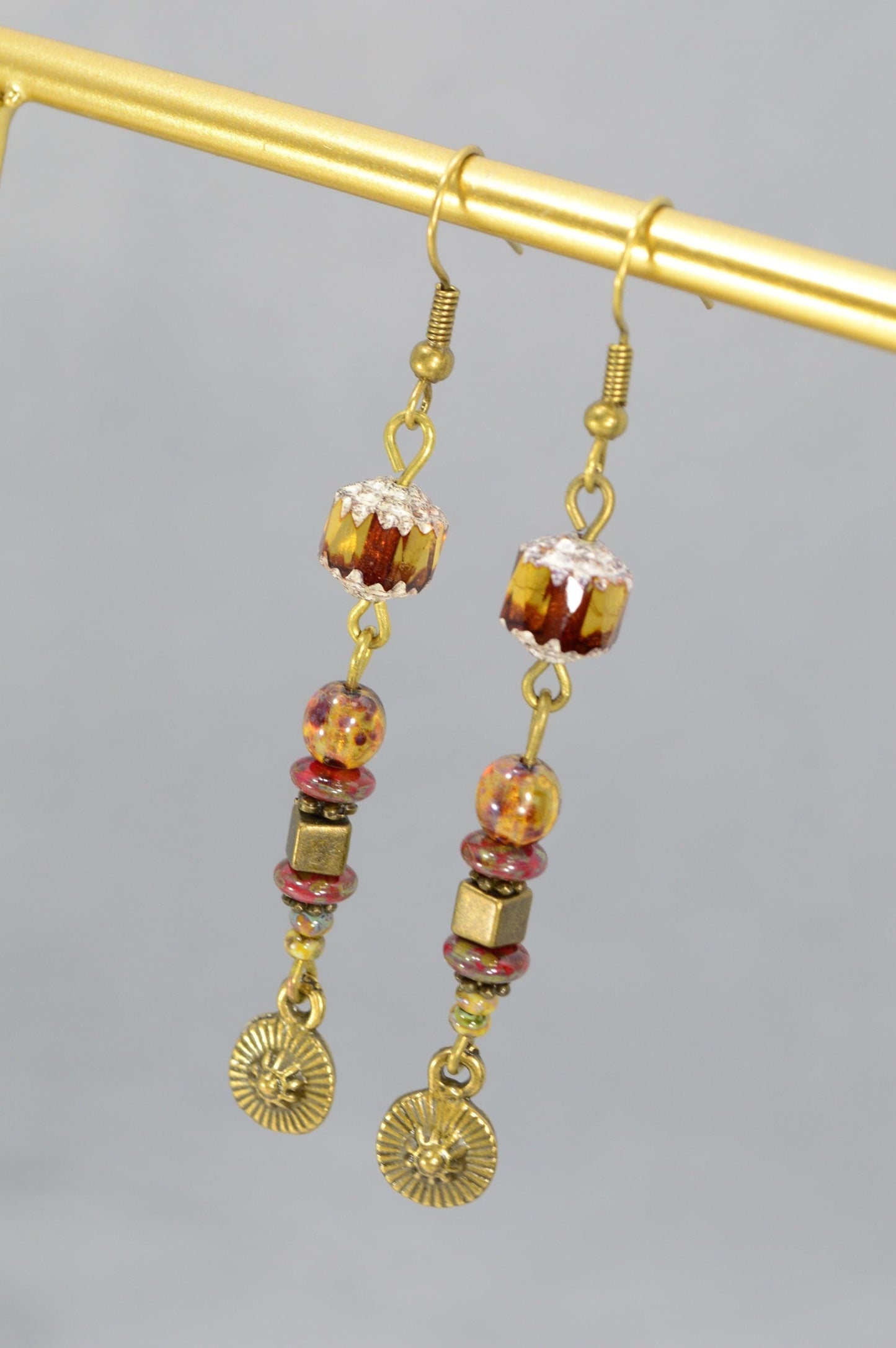 NEW *** Charming Bohemian Style Brass Earrings with Unique Beads - Artisan Jewelry for Special Moments. Estibela design. 7cm - 2.8"