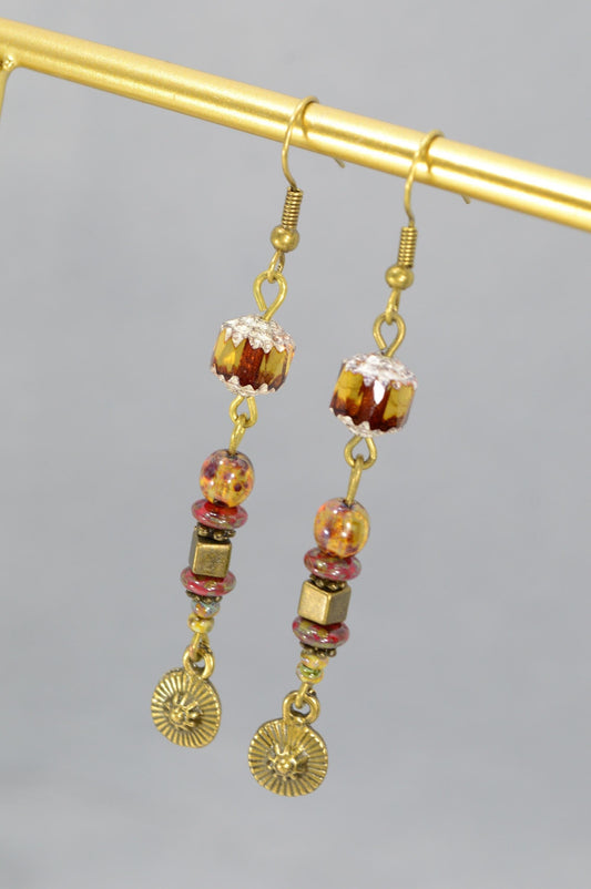 NEW *** Charming Bohemian Style Brass Earrings with Unique Beads - Artisan Jewelry for Special Moments. Estibela design. 7cm - 2.8"