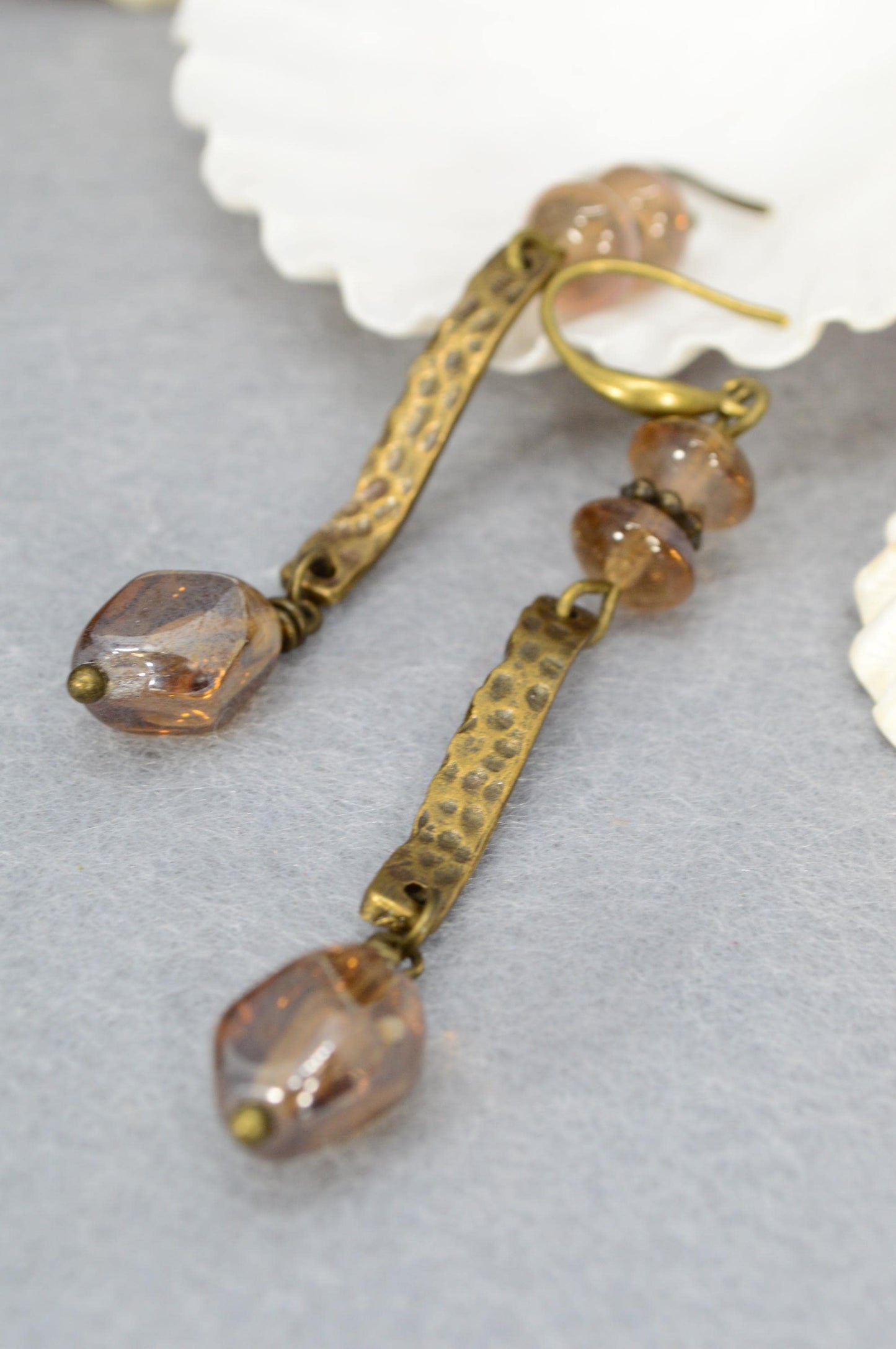 NEW *** Elegant Boho Dangle Earrings with Glass Beads and Hammered Brass Bars, Unique Estibela Design for Women, Perfect Gift. 7.5cm - 3"