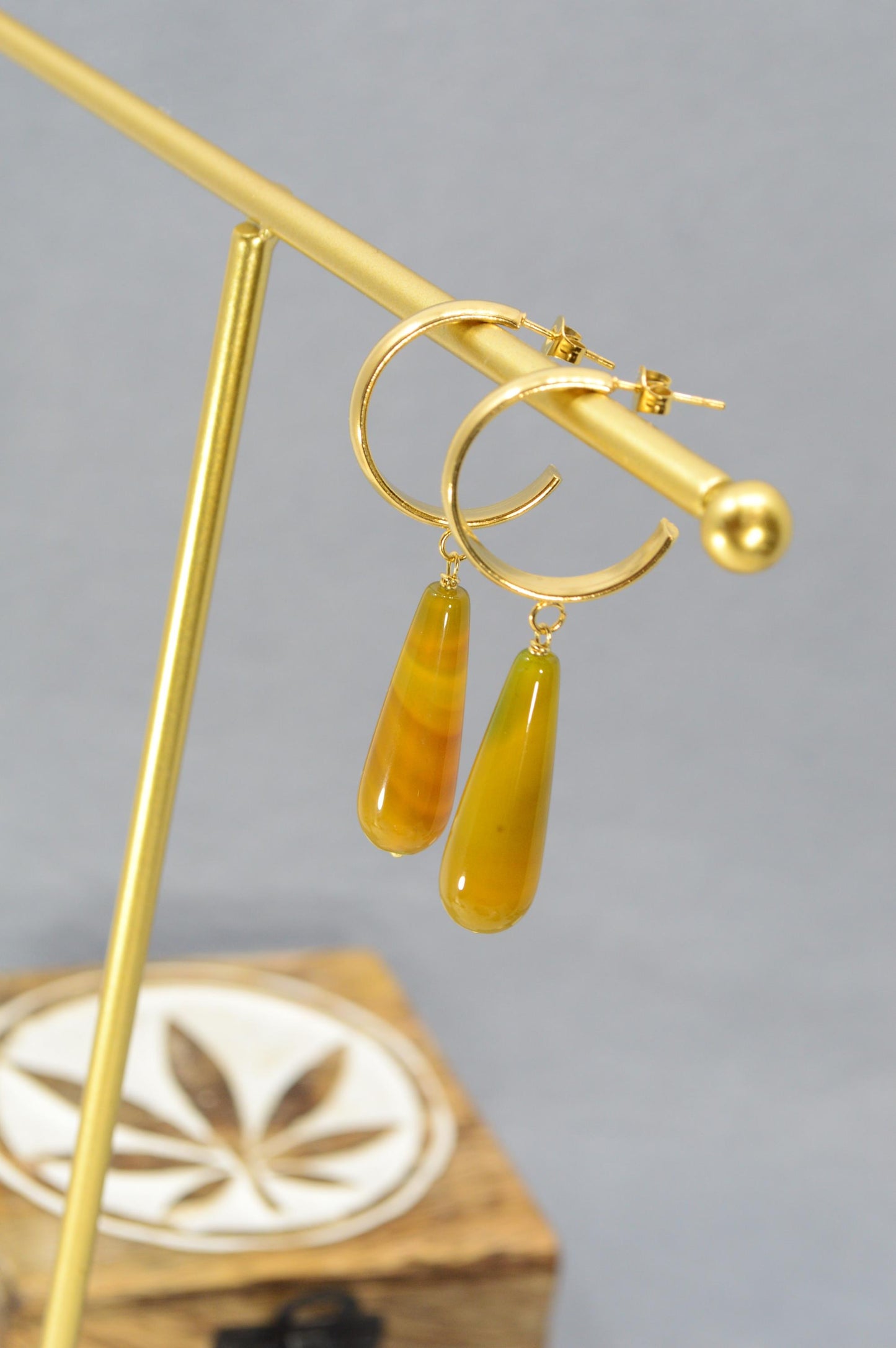 NEW *** Elegant Stainless Steel Hoop Earrings with Yellow Agate Teardrop, Handmade Estibela Design, Unique Gift for Women. 6cm - 2.3"