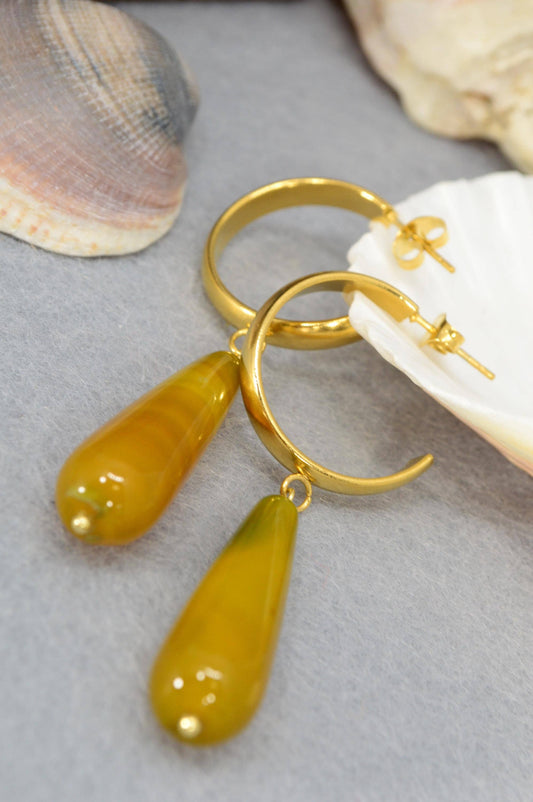 NEW *** Elegant Stainless Steel Hoop Earrings with Yellow Agate Teardrop, Handmade Estibela Design, Unique Gift for Women. 6cm - 2.3"