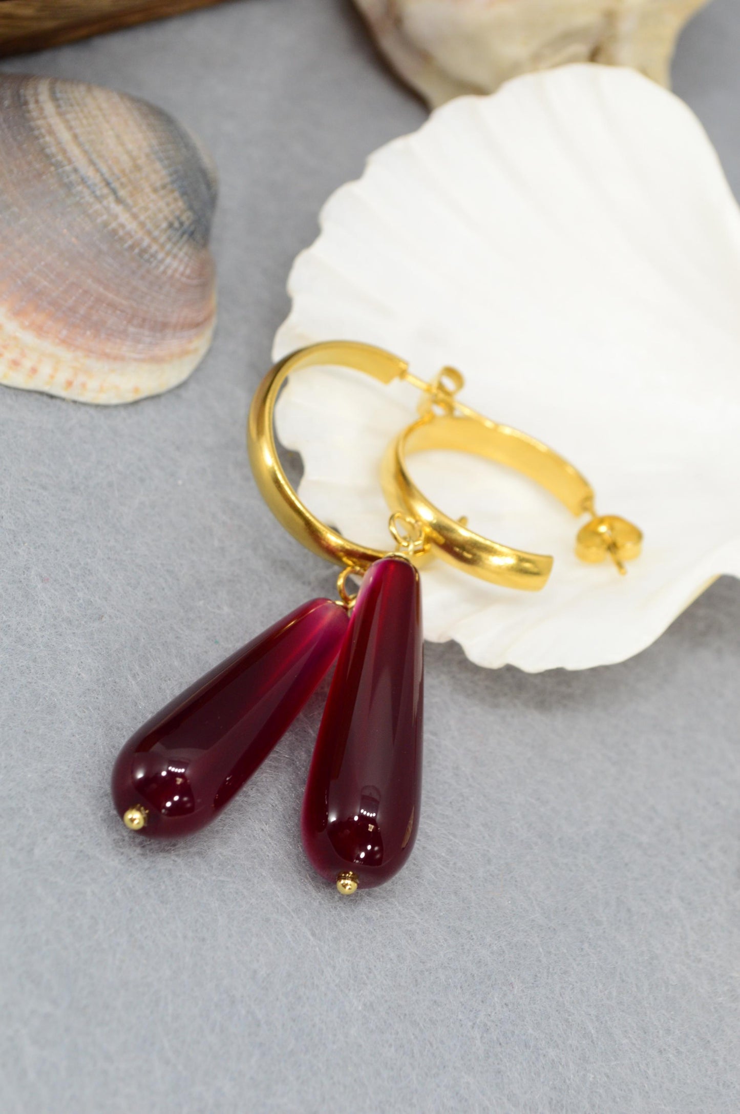 NEW *** Elegant Stainless Steel Hoop Earrings with Red Agate Teardrop, Estibela Design, Unique Boho Chic Earrings, Gift for Mom. 6cm - 2.3"